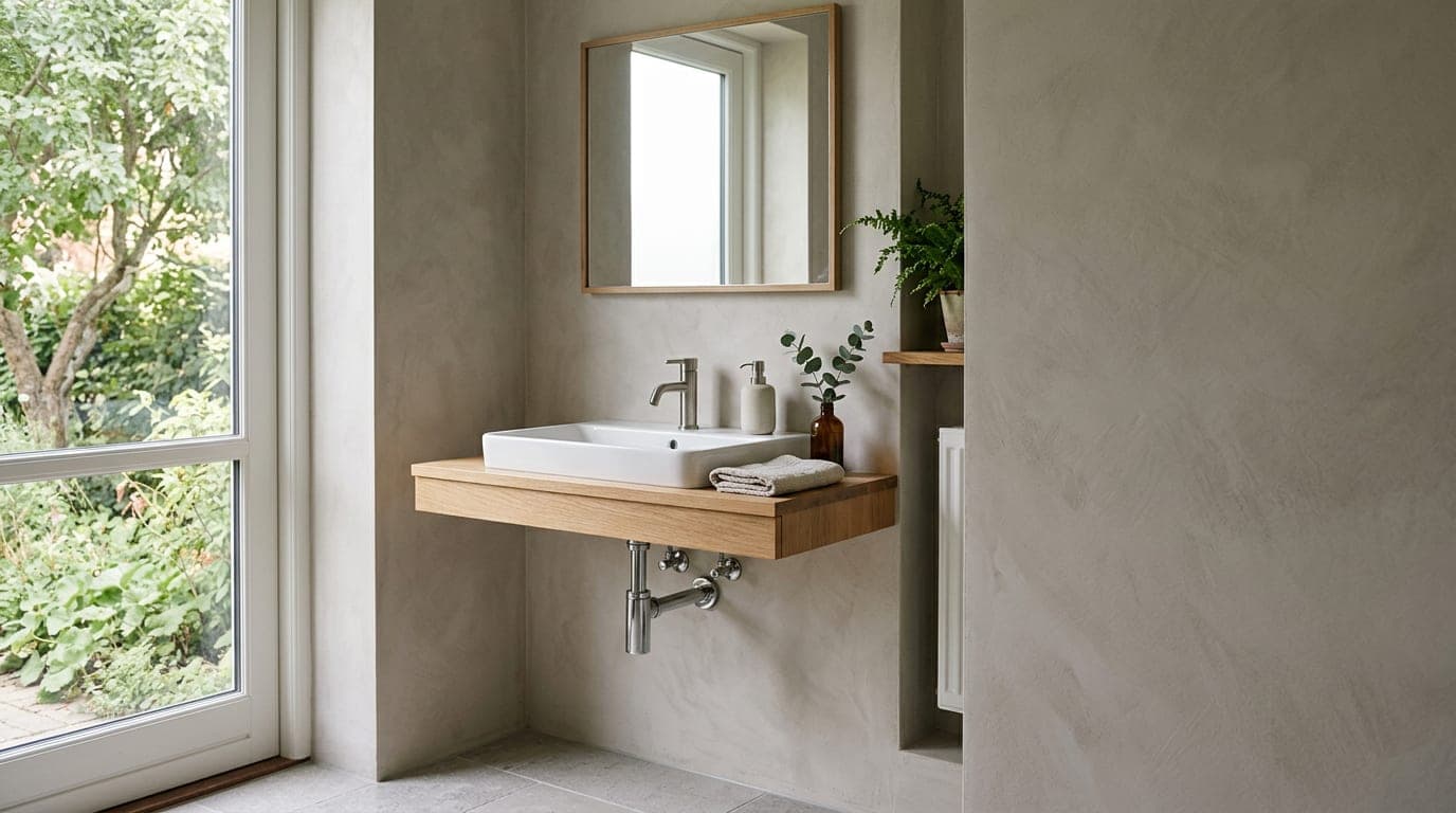 A clean residential bathroom interior showing plumbing fixtures and pipework in natural light.
